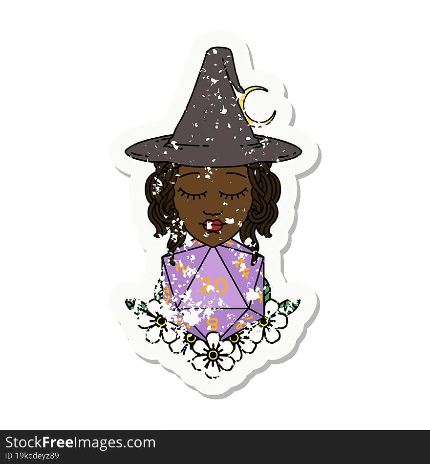 Retro Tattoo Style human witch with natural twenty dice roll. Retro Tattoo Style human witch with natural twenty dice roll