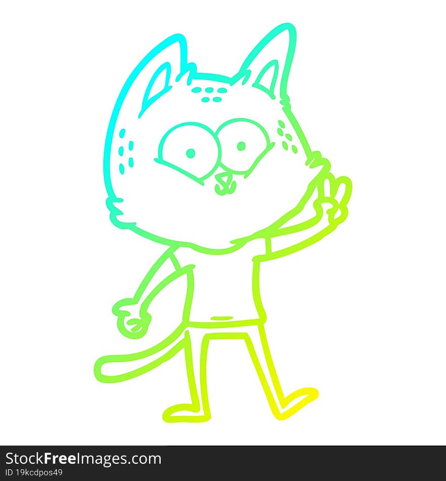 cold gradient line drawing cartoon cat giving peace sign