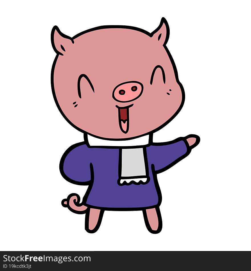 happy cartoon pig in winter clothes. happy cartoon pig in winter clothes