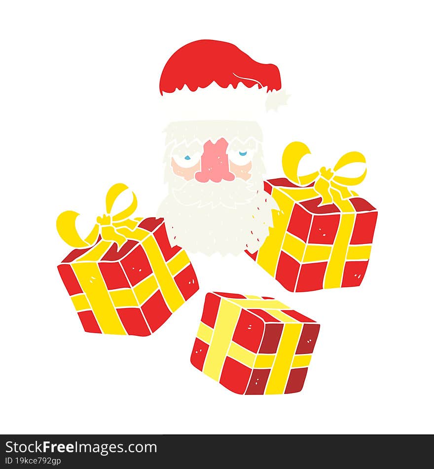 flat color illustration of a cartoon tired santa claus face with presents