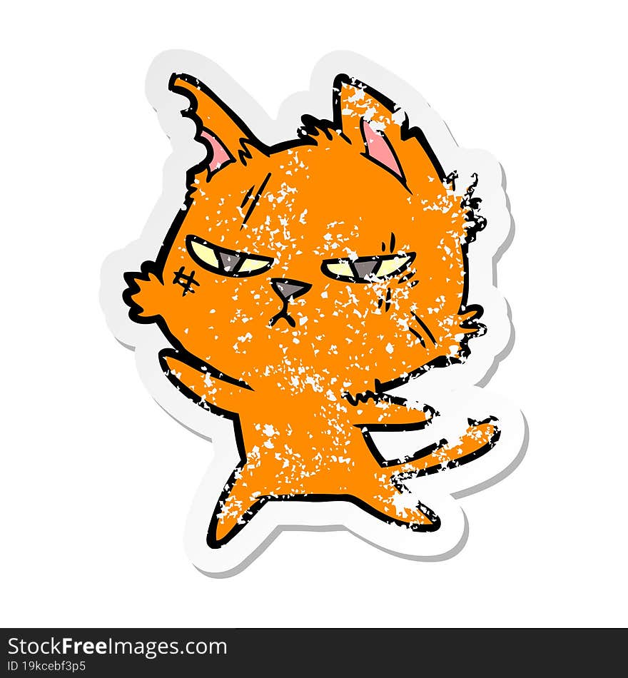 distressed sticker of a tough cartoon cat