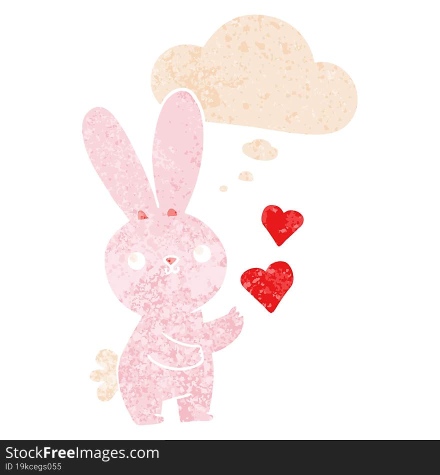 cute cartoon rabbit with love hearts with thought bubble in grunge distressed retro textured style. cute cartoon rabbit with love hearts with thought bubble in grunge distressed retro textured style