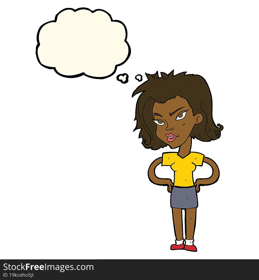 cartoon woman with hands on hips with thought bubble