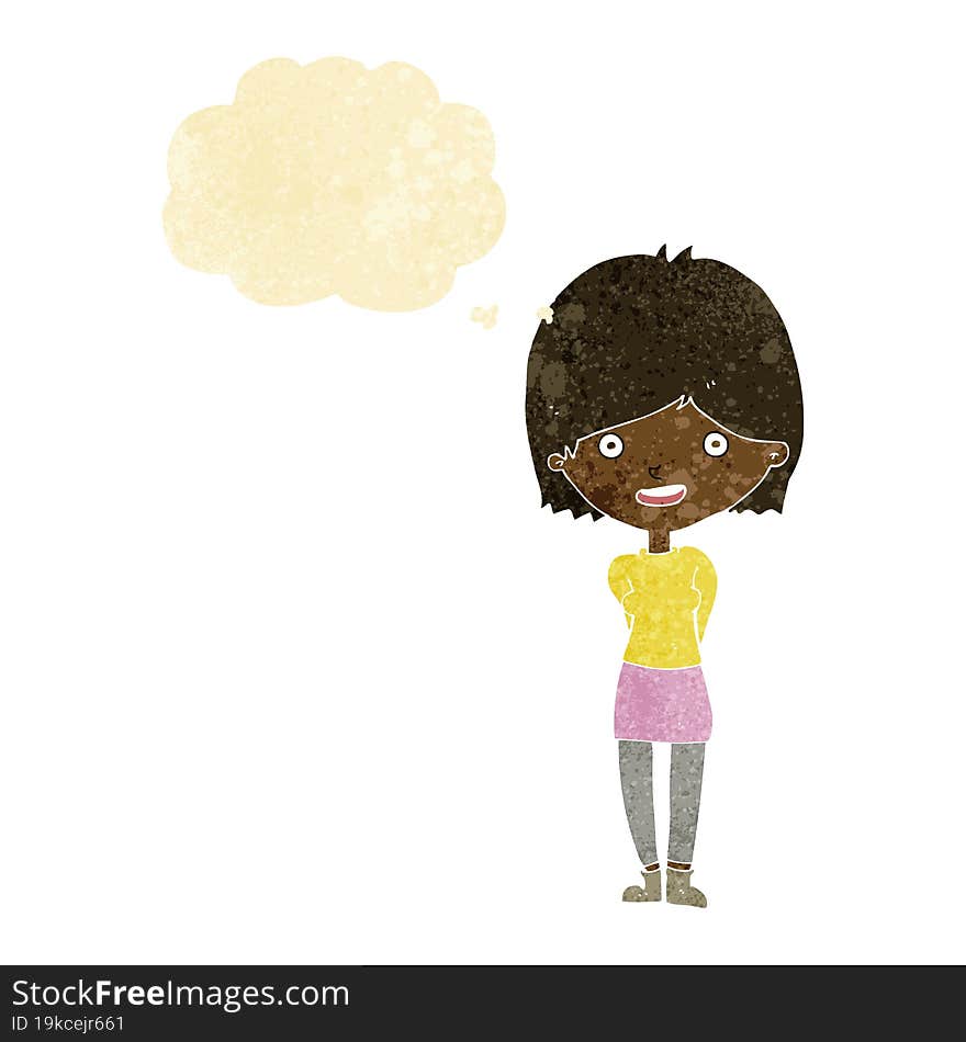 cartoon friendly woman with thought bubble