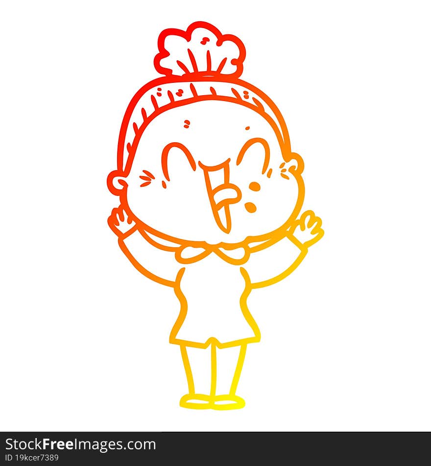 warm gradient line drawing of a cartoon happy old woman