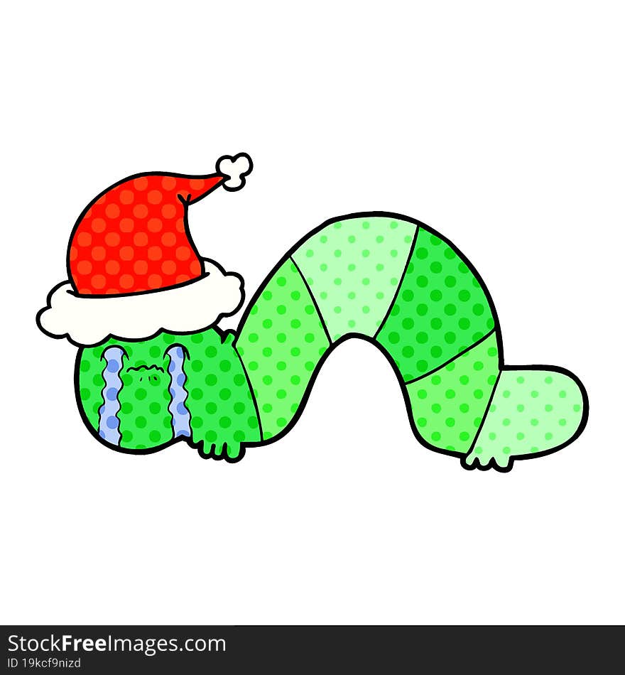 comic book style illustration of a caterpillar obsessing over his regrets wearing santa hat