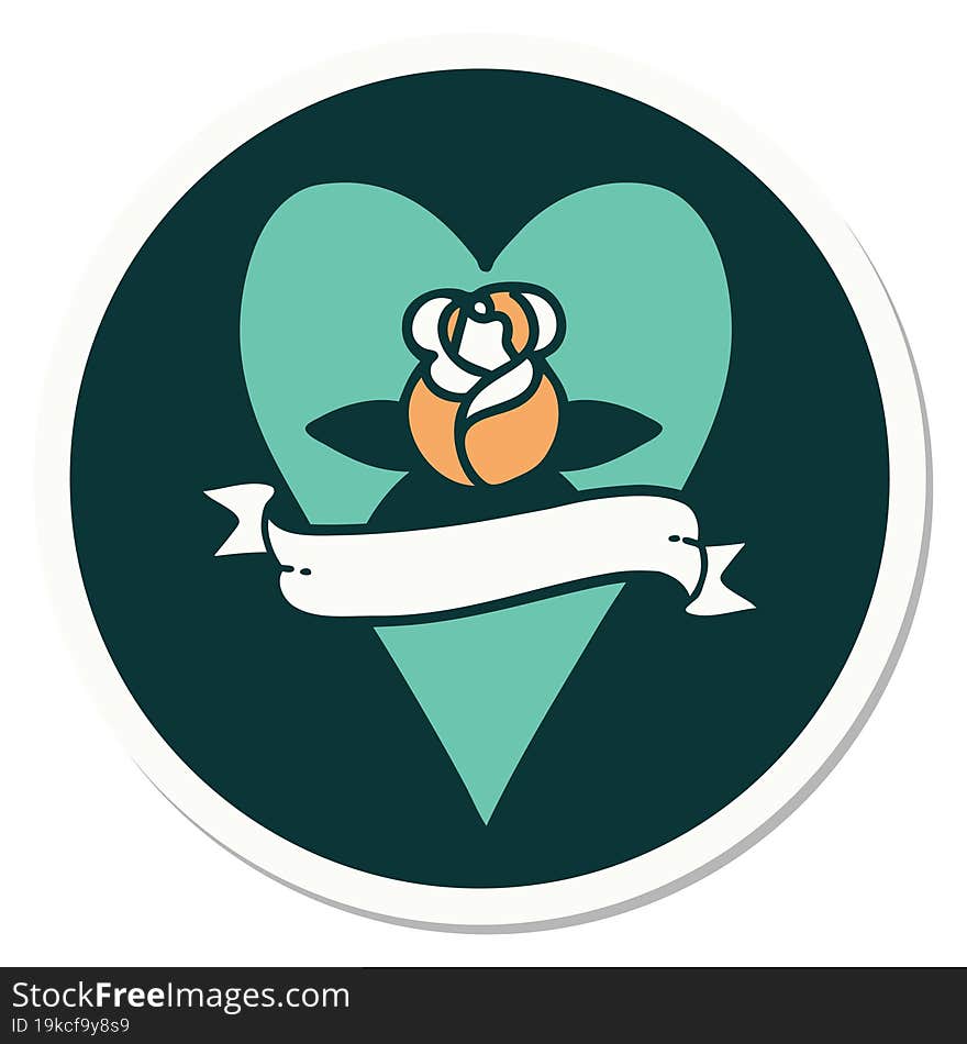 tattoo style sticker of a heart rose and banner