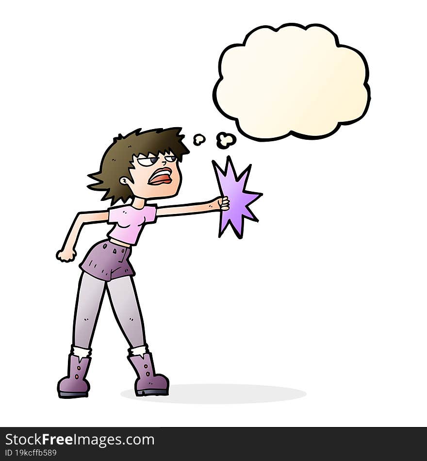 cartoon woman punching with thought bubble