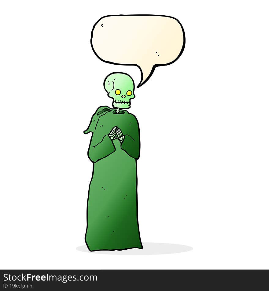 cartoon skeleton in black robe with speech bubble