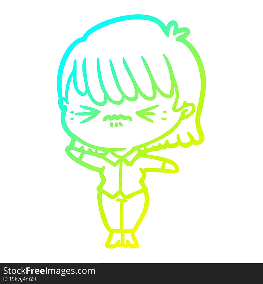 Cold Gradient Line Drawing Annoyed Cartoon Girl