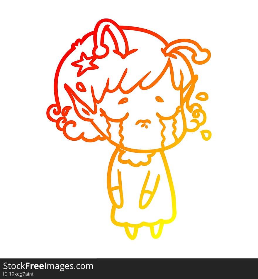 warm gradient line drawing of a cartoon crying alien girl