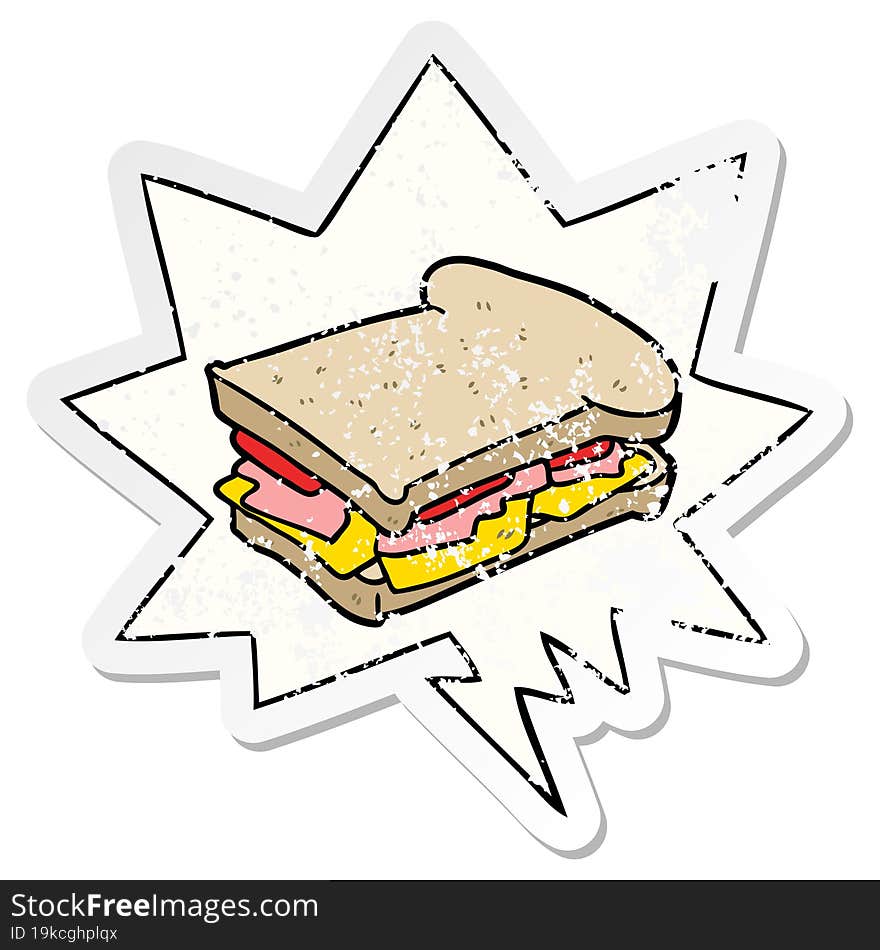 cartoon ham cheese tomato sandwich and speech bubble distressed sticker