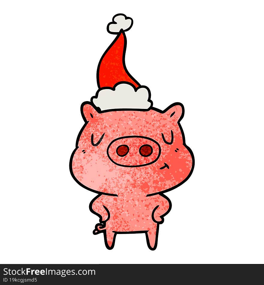 hand drawn textured cartoon of a content pig wearing santa hat