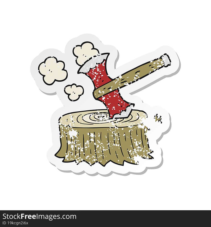 retro distressed sticker of a cartoon tree stump and axe