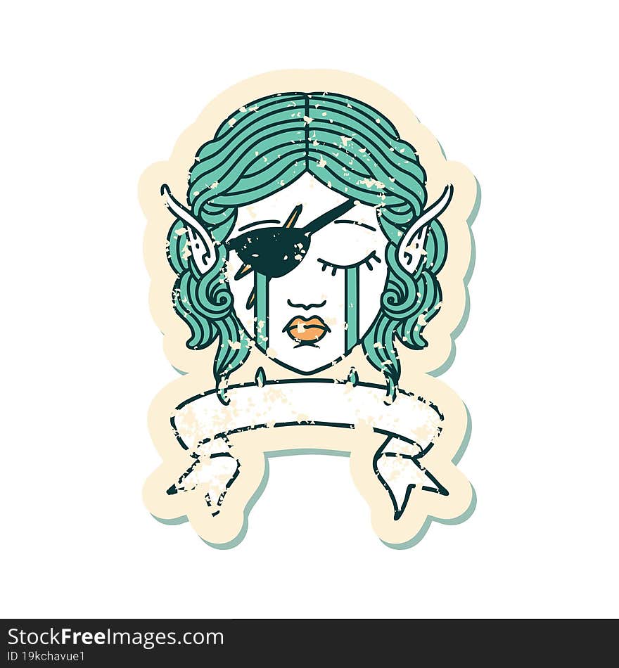 Retro Tattoo Style crying elf rogue character face with banner. Retro Tattoo Style crying elf rogue character face with banner