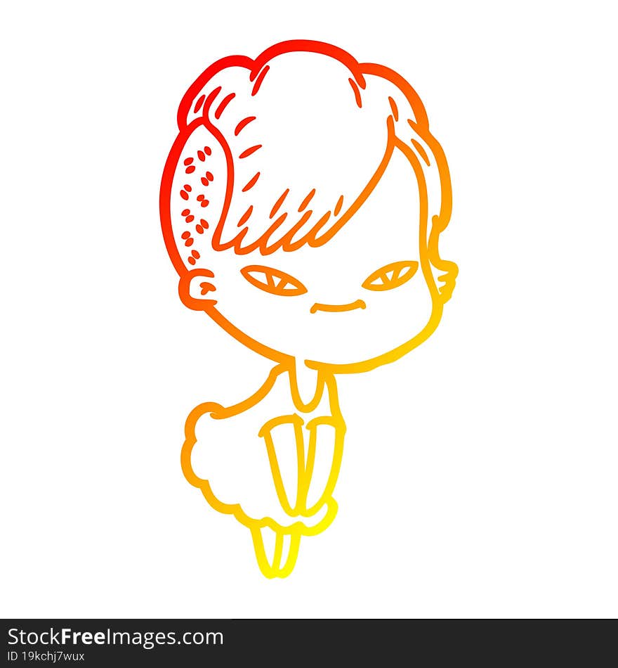 Warm Gradient Line Drawing Cute Cartoon Girl With Hipster Haircut