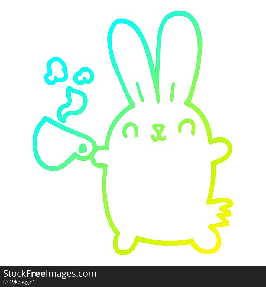 cold gradient line drawing cute cartoon rabbit with coffee cup