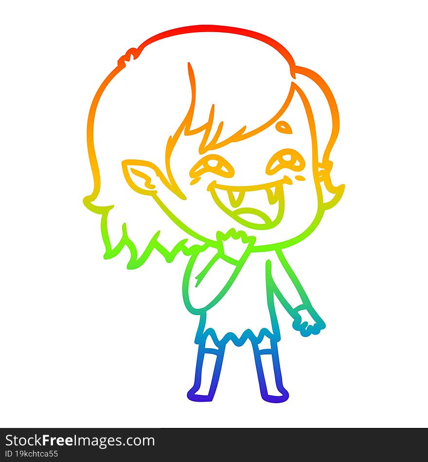 Rainbow Gradient Line Drawing Cartoon Laughing Vampire Girl