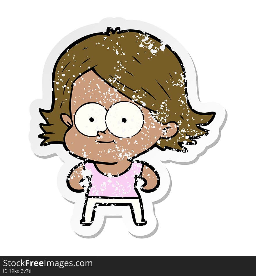 distressed sticker of a happy cartoon girl