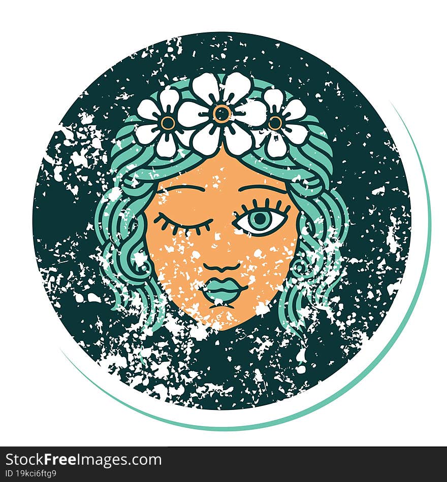 distressed sticker tattoo style icon of a maidens face winking