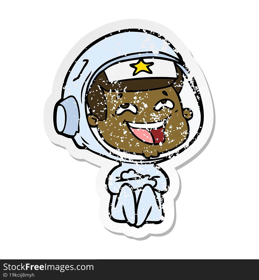 distressed sticker of a cartoon laughing astronaut