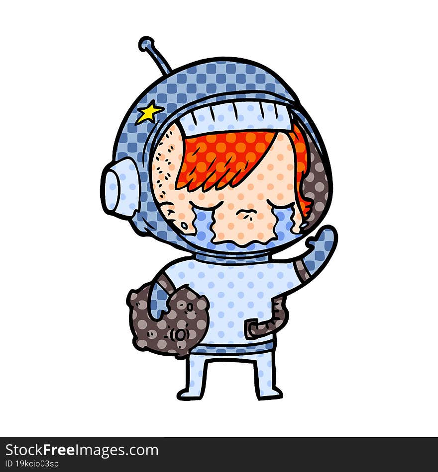 cartoon crying astronaut girl carrying rock sample. cartoon crying astronaut girl carrying rock sample