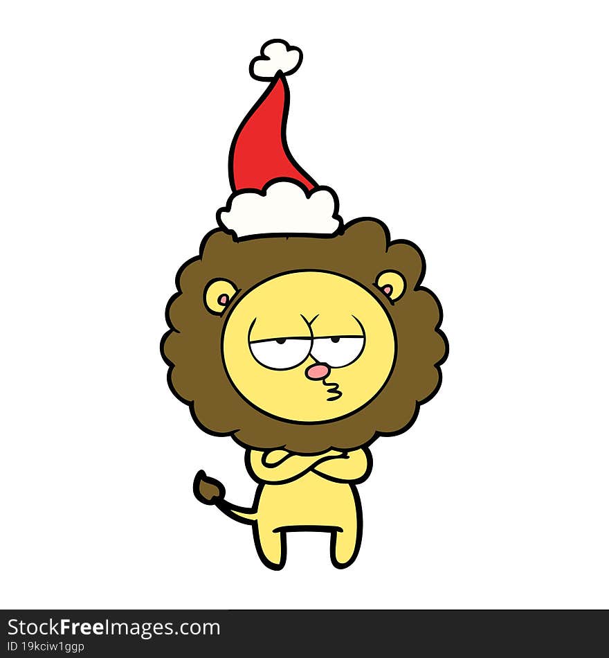 line drawing of a tired lion wearing santa hat