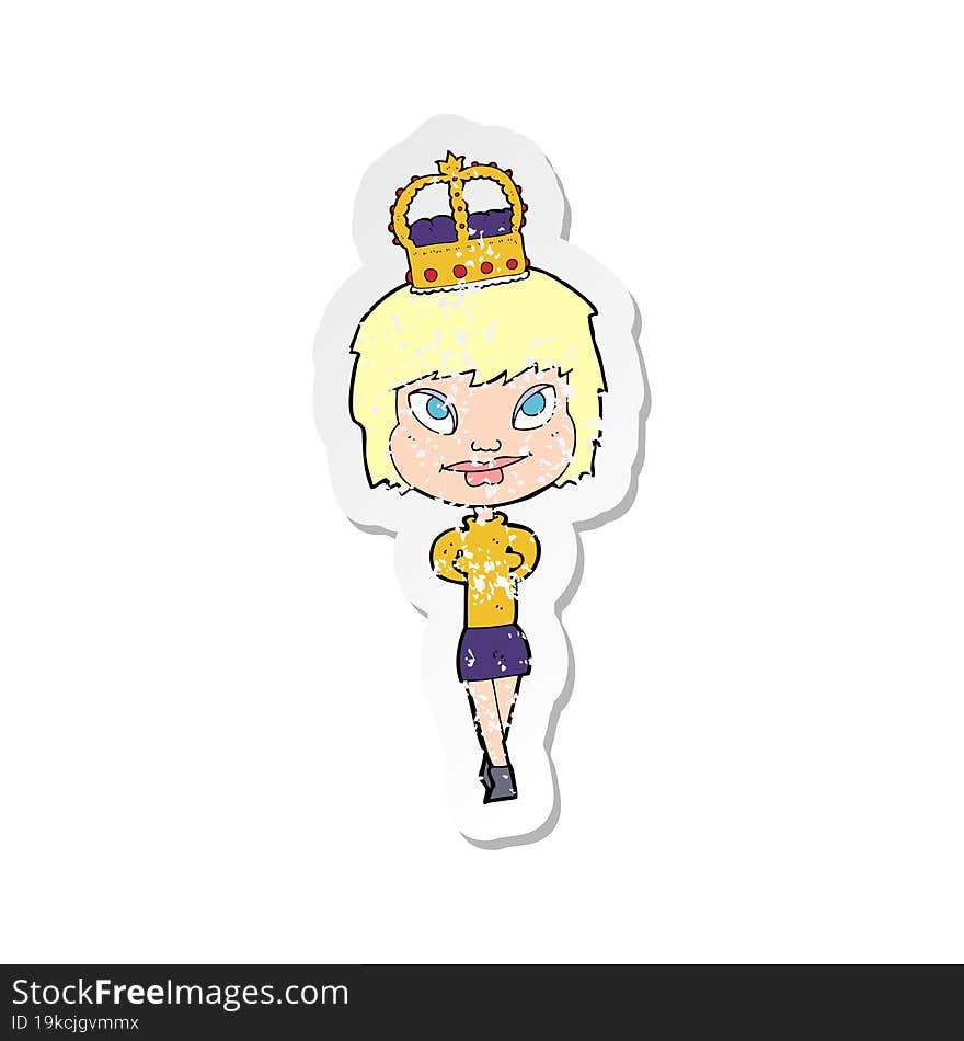 retro distressed sticker of a cartoon person wearing crown