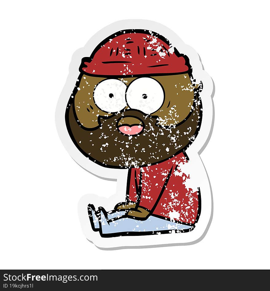 distressed sticker of a cartoon bearded man sitting