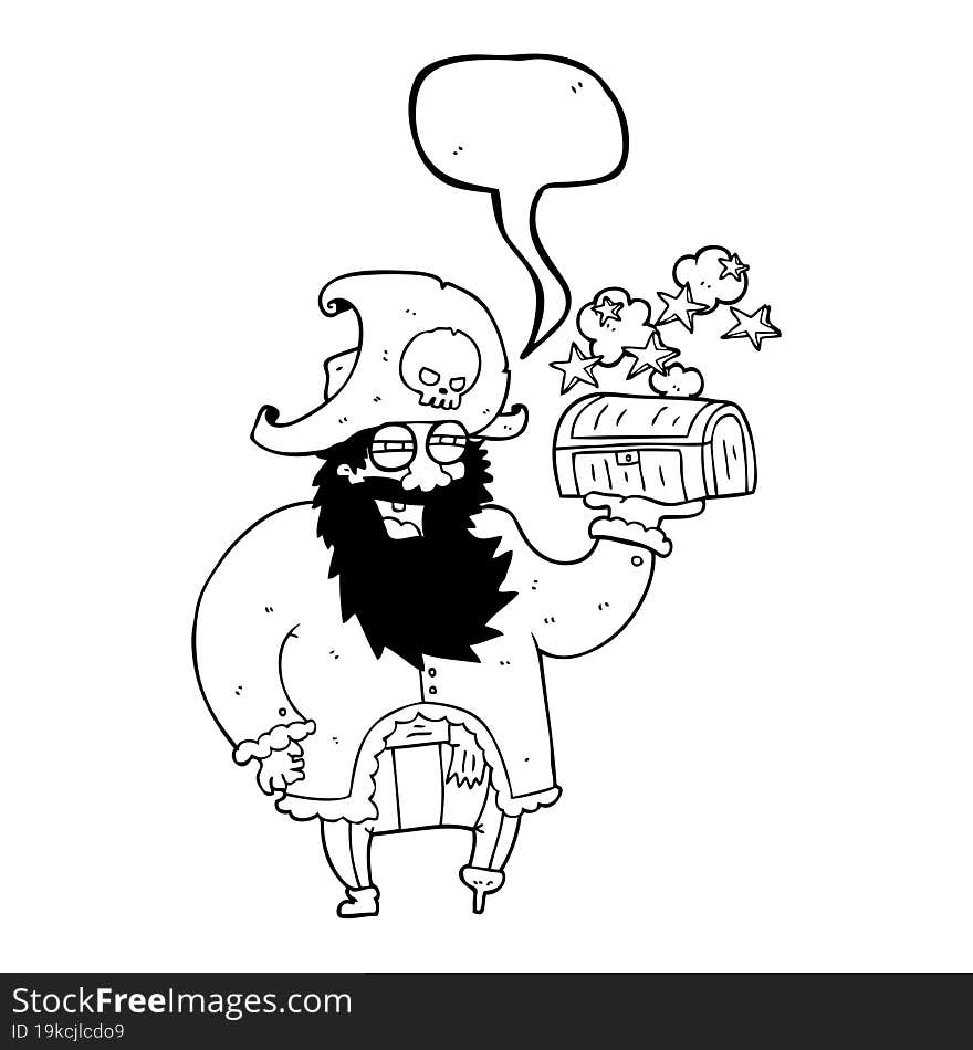 speech bubble cartoon pirate captain with treasure chest