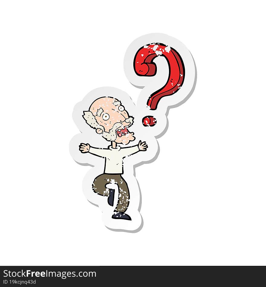 retro distressed sticker of a cartoon old man with question