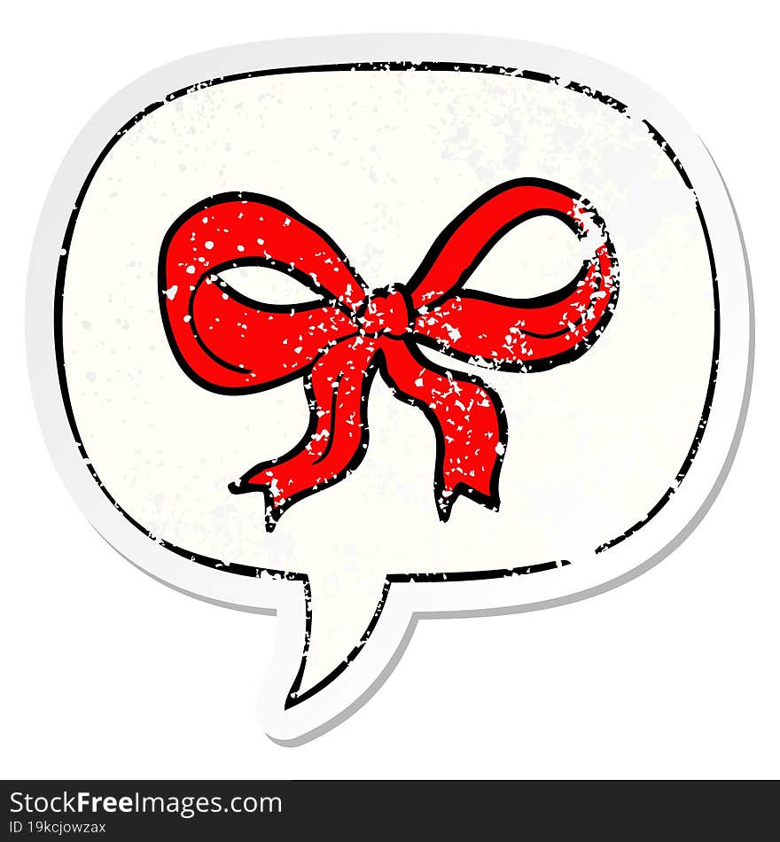 cartoon decorative bow and speech bubble distressed sticker