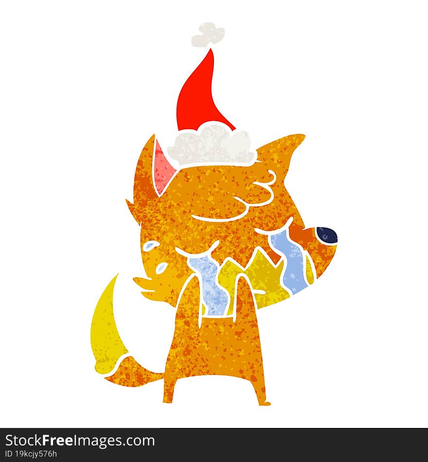 crying fox retro cartoon of a wearing santa hat