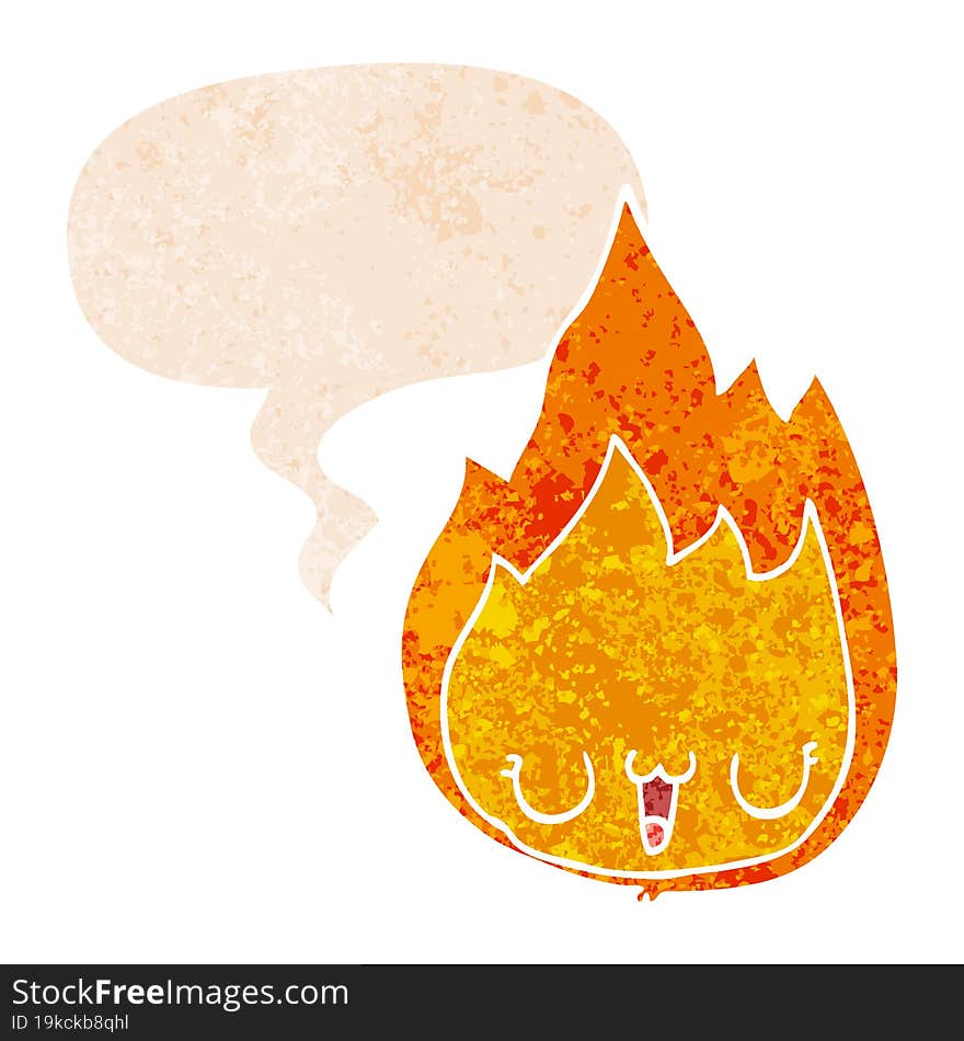 cartoon flame with face and speech bubble in retro textured style