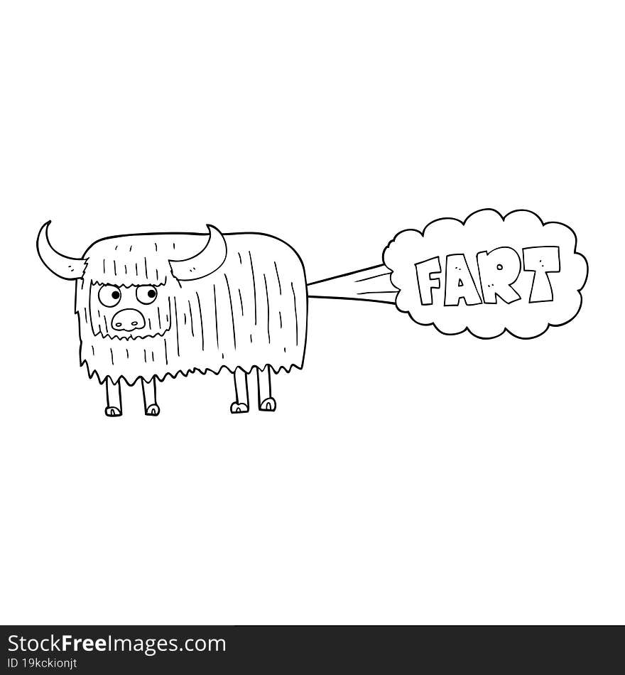 freehand drawn black and white cartoon hairy cow farting