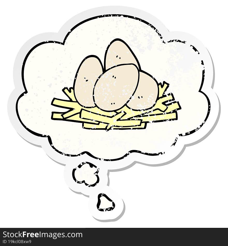 cartoon eggs in nest and thought bubble as a distressed worn sticker