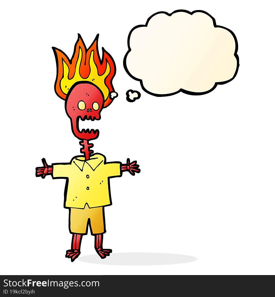 cartoon flaming skeleton with thought bubble