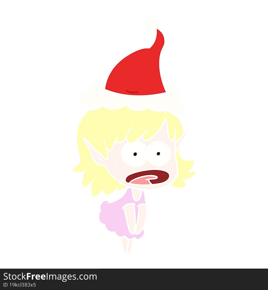 flat color illustration of a shocked elf girl wearing santa hat