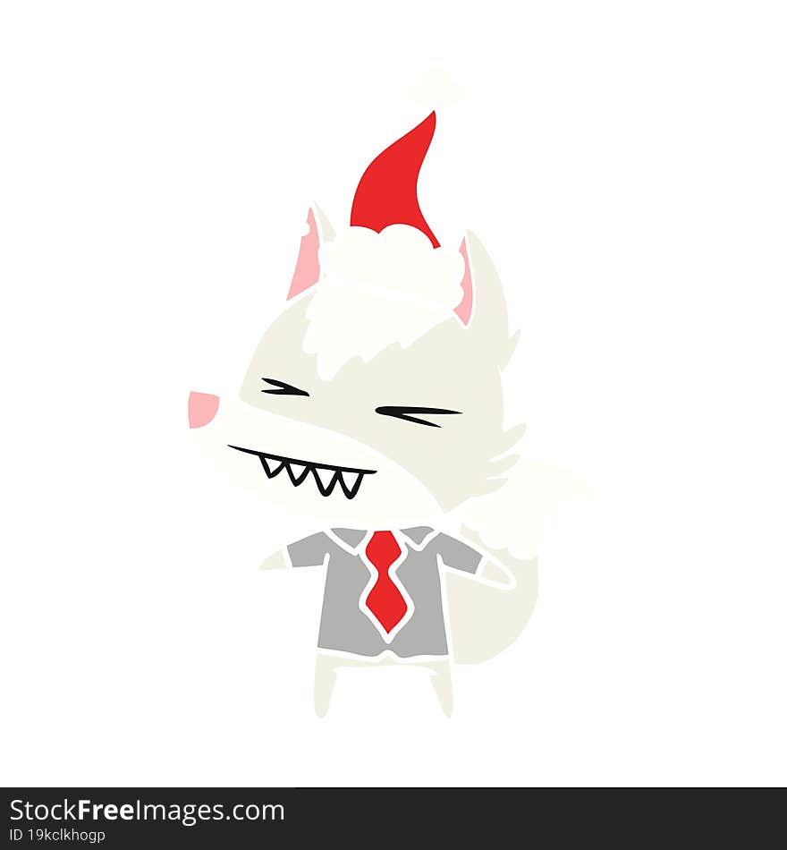 angry wolf boss flat color illustration of a wearing santa hat