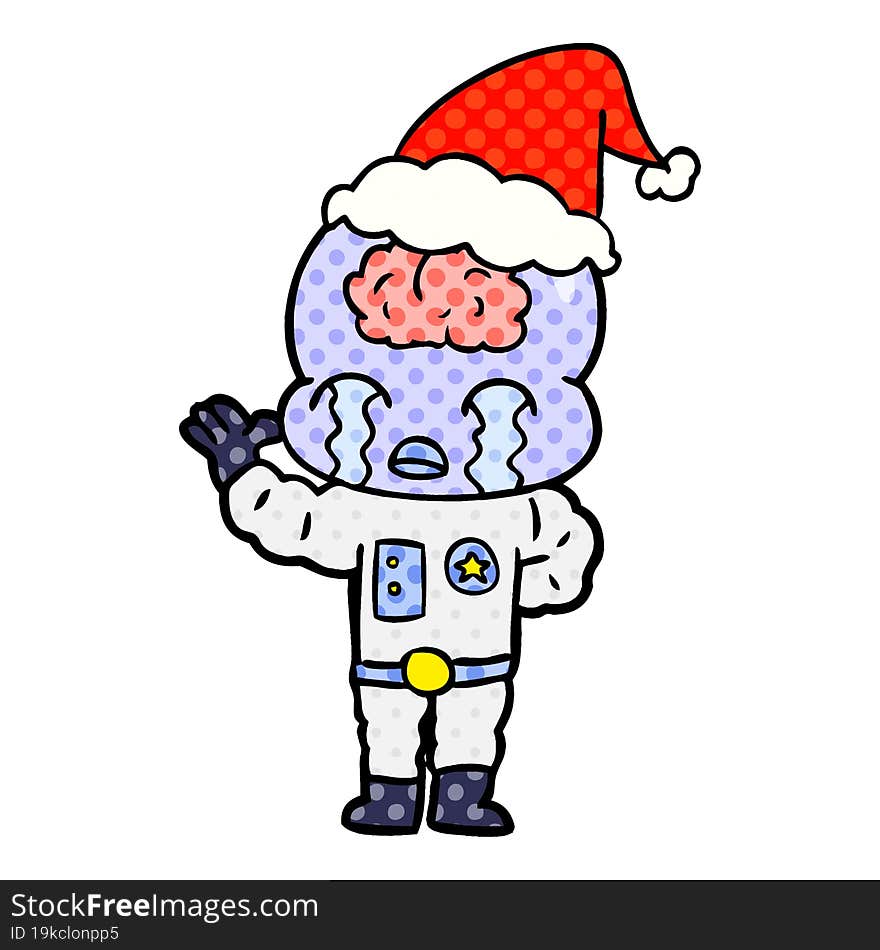 comic book style illustration of a big brain alien crying wearing santa hat