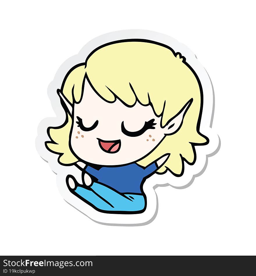 sticker of a happy cartoon elf girl sitting