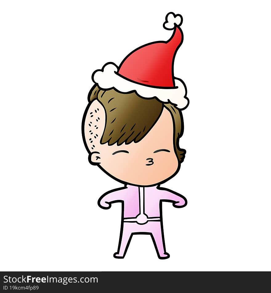 gradient cartoon of a girl wearing futuristic clothes wearing santa hat