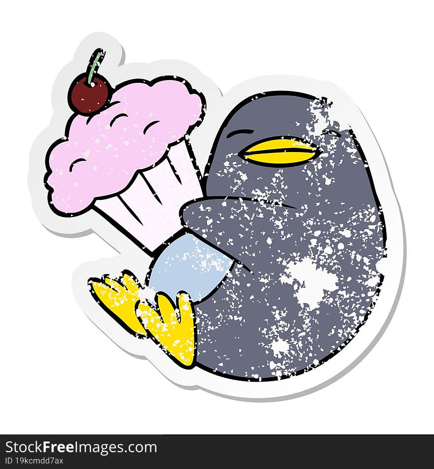 distressed sticker of a cartoon penguin with cupcake