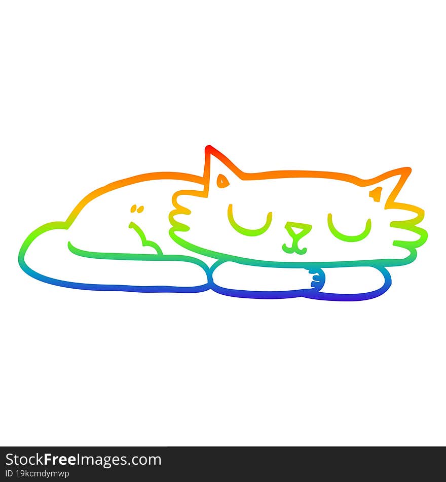 rainbow gradient line drawing of a cartoon sleeping cat