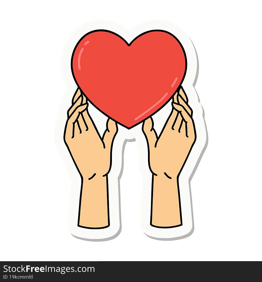 sticker of tattoo in traditional style of hands reaching for a heart. sticker of tattoo in traditional style of hands reaching for a heart