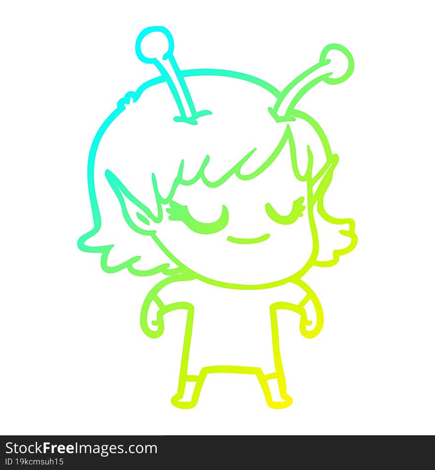 Cold Gradient Line Drawing Smiling Alien Girl Cartoon