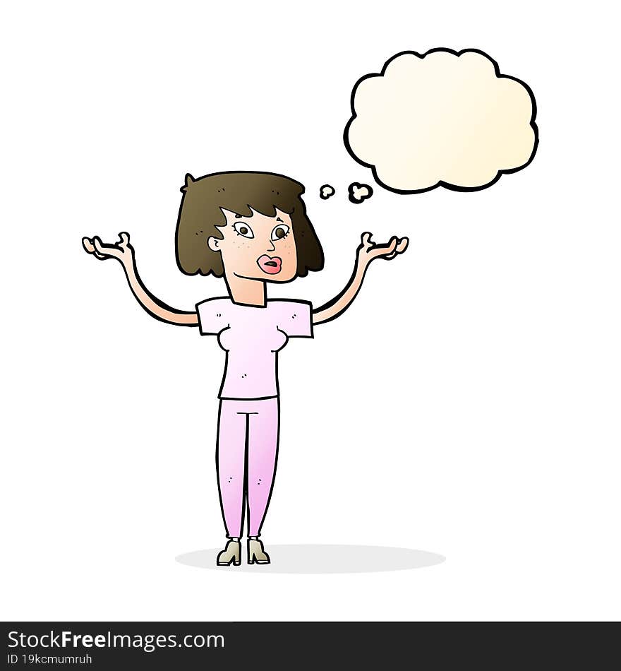 cartoon woman holding up hands with thought bubble