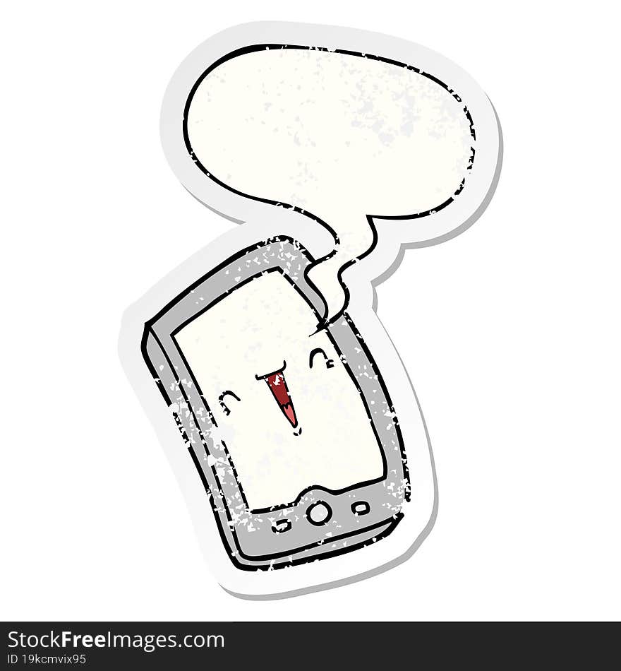 cute cartoon mobile phone with speech bubble distressed distressed old sticker. cute cartoon mobile phone with speech bubble distressed distressed old sticker