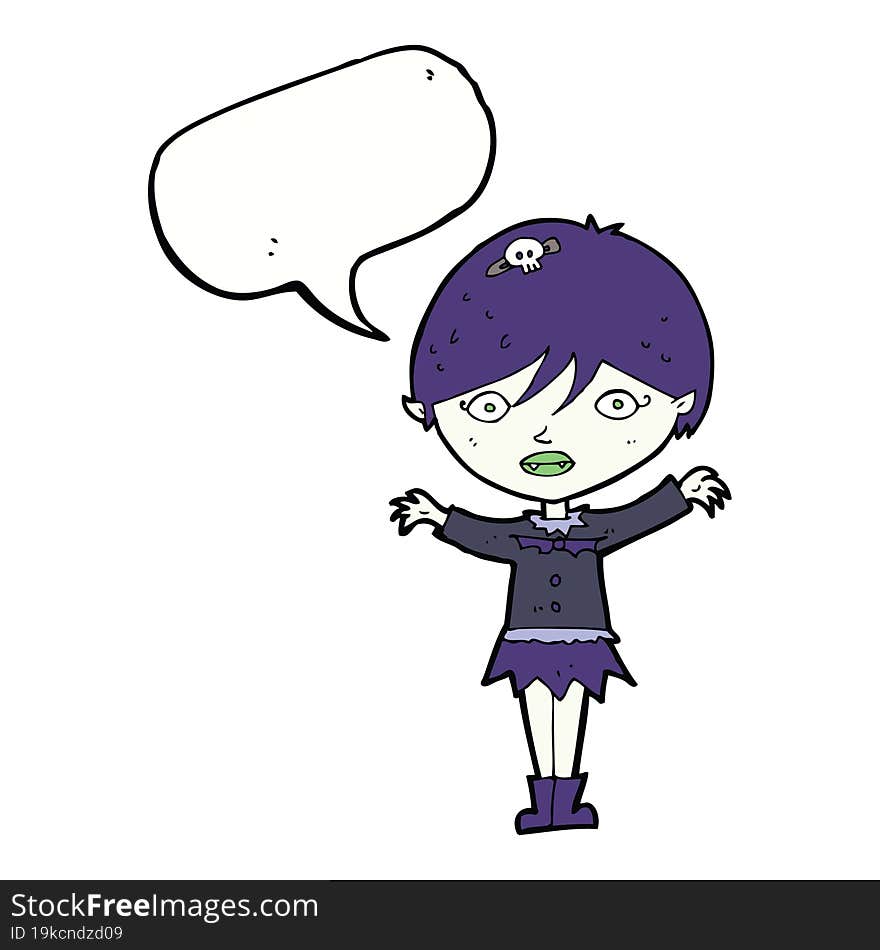 cartoon waving vampire girl with speech bubble