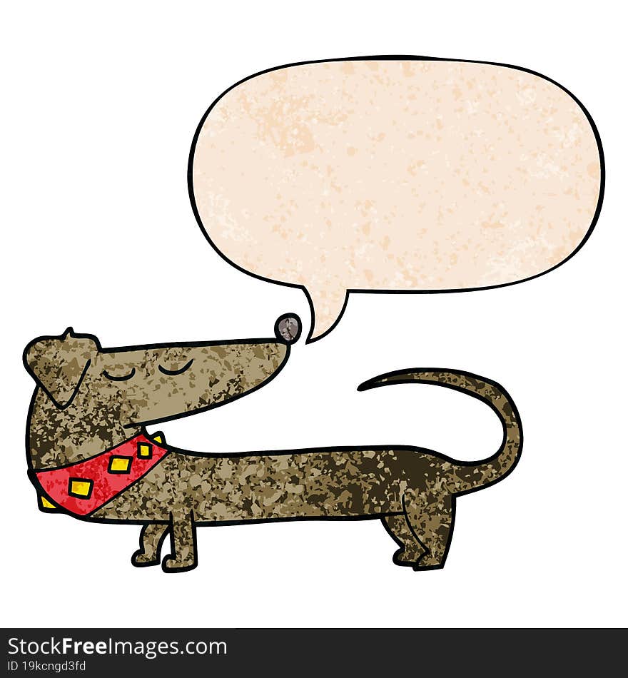 cartoon dog with speech bubble in retro texture style